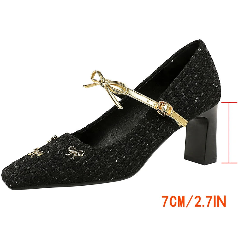 BIGTREE Shoes Woven Fabric Women Pumps Bowknot High Heels Square Head Ladies Shoes Chunky Heel Women Shoes Luxury Banquet Shoes