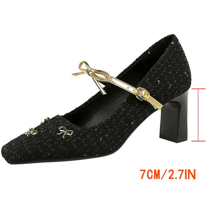 BIGTREE Shoes Woven Fabric Women Pumps Bowknot High Heels Square Head Ladies Shoes Chunky Heel Women Shoes Luxury Banquet Shoes