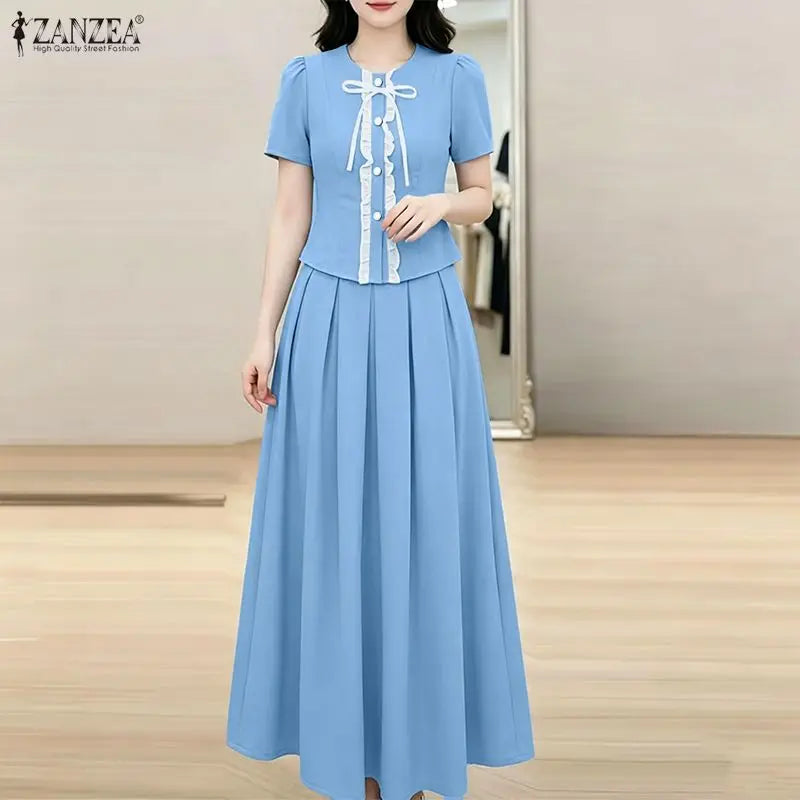 ZANZEA 2PCS Summer Outfits Elegant Women 2 Pieces Sets Short Sleeve Ruffled Shirt Dress Sets A Line OL Work Pleated Skirt Suit