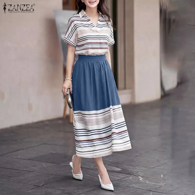 Summer ZANZEA Women Dress Sets Fashion Stripe 2PCS Two-piece Outfits Short Sleeve Thin Tops Long Skirts OL Work Streetwear 3XL