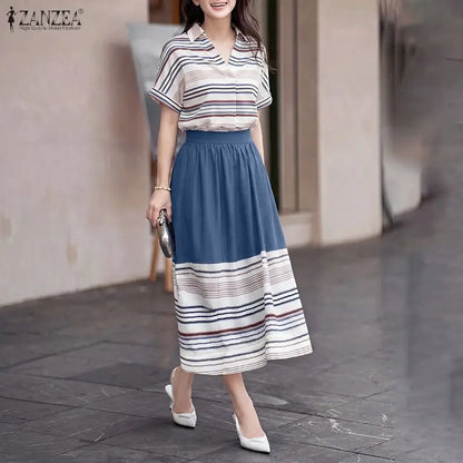 Summer ZANZEA Women Dress Sets Fashion Stripe 2PCS Two-piece Outfits Short Sleeve Thin Tops Long Skirts OL Work Streetwear 3XL