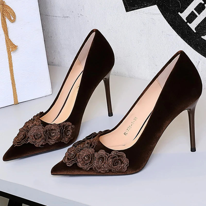 BIGTREE Shoes Flower Design Women Pumps Retro High Heels Suede Women Shoes Stiletto Heels 9 cm Chinese Style Pumps Ladies Shoes