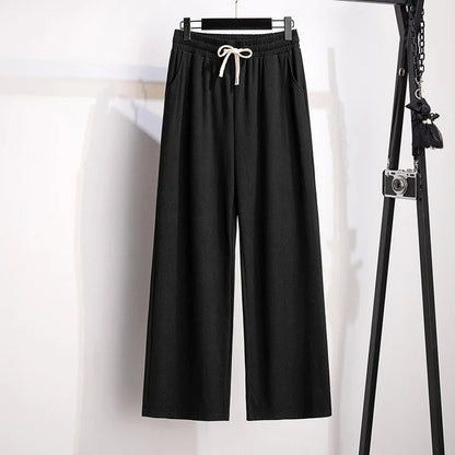 155Kg Plus Size Women's Loose Straight Pants Thin Summer High Waist Closed Ice Silk Trouser Hip 150 5XL 6XL 7XL 8XL 9XL 4 Colors