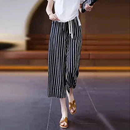 Women Summer Simplicity Loose fashionable Striped Ice shreds High Waist wide leg Ladies Casual All-match Fashion Cropped pants