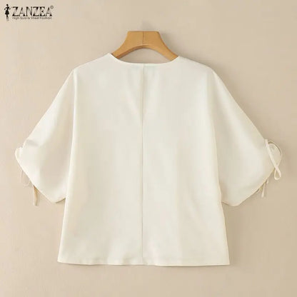 ZANZEA Woman Summer Loose Blouses Casual V-Neck Half Sleeve Tied Cuffs Solid Color Tops Fashion Daily Streetwear Blusas Mujer