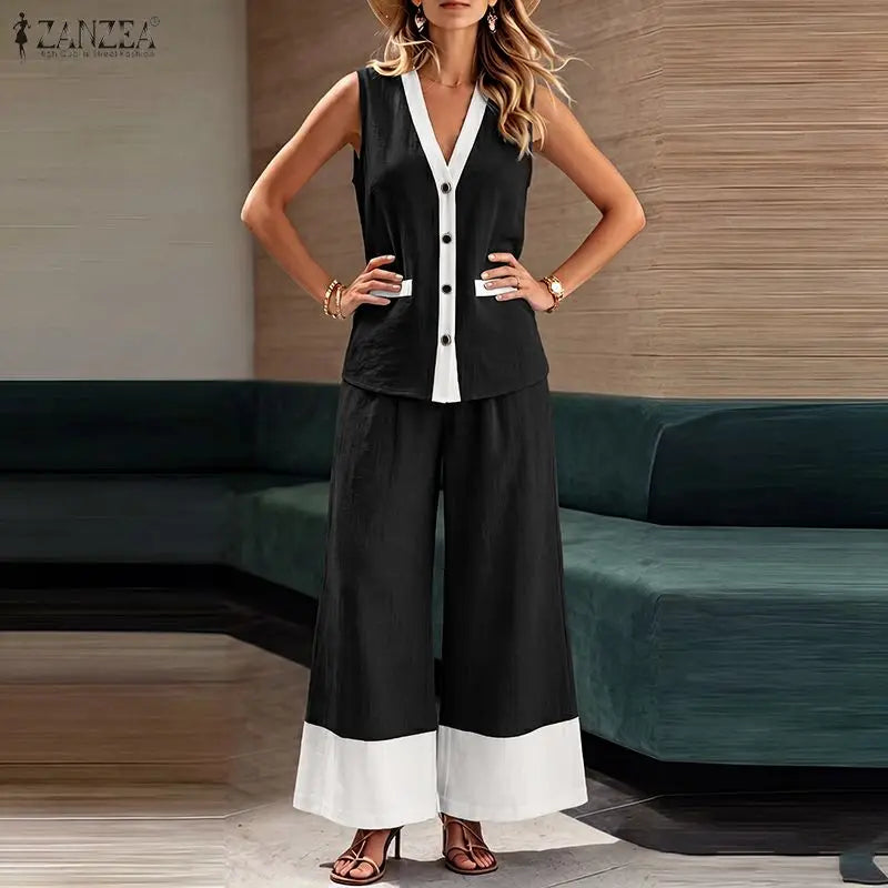 ZANZEA Summer 2PCS Outfits Stylish V Neck Sleeveless Tanks Tops Pant Sets Women Patchwork 2 Pieces Sets OL Work Trousers Suit