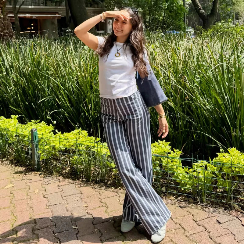 MUJER Striped Baggy Jeans Woman Summer Wide Denim Pants for Women Fashion Mid Waist Woman Trousers Streetwear Mom Women's Jeans
