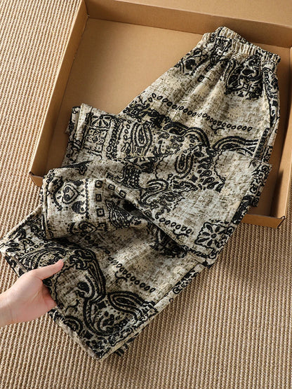 Ladies Casual High Waist Straight Leg Pants Floral Print Elastic Waist plus Size Comfortable Summer Trousers Korean Style