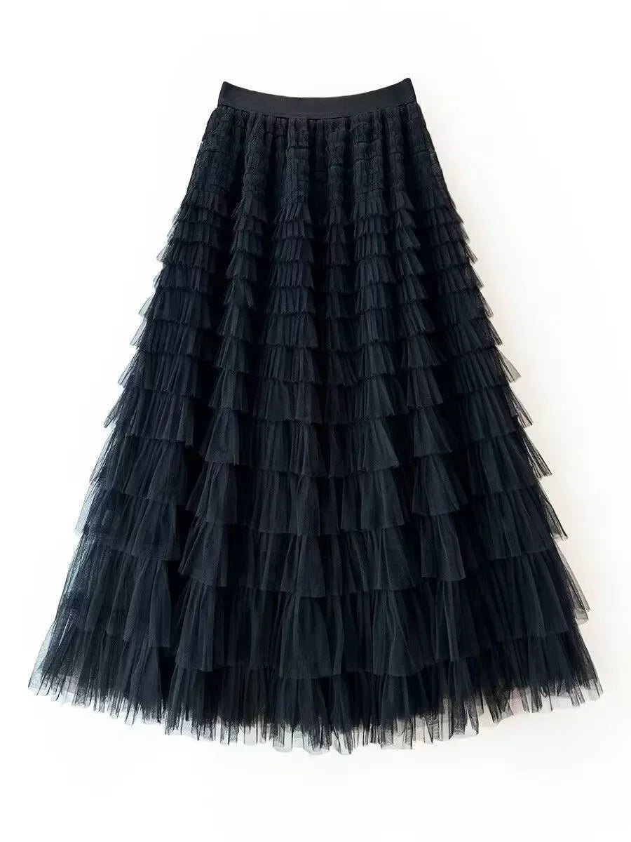 HOT Solid Multilayer Ruffle Mesh Skirt Women Boho High Waist Long Maxi Tulle Skirt Spring Summer Party Women's Clothing