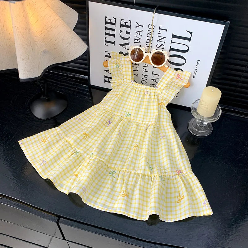 2026 Summer Girls Flutter Sleeve Dress Kids Printed Tiered Princess Dresses for 1-12Y Children Vacation Clothes