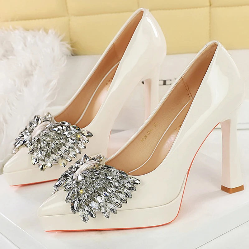 BIGTREE Shoes Platform Heels Women Pumps Rhinestone Bow High Heels 12 CM Patent Leather Woman Heels Luxury Sexy Party Shoes Lady