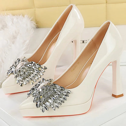 BIGTREE Shoes Platform Heels Women Pumps Rhinestone Bow High Heels 12 CM Patent Leather Woman Heels Luxury Sexy Party Shoes Lady