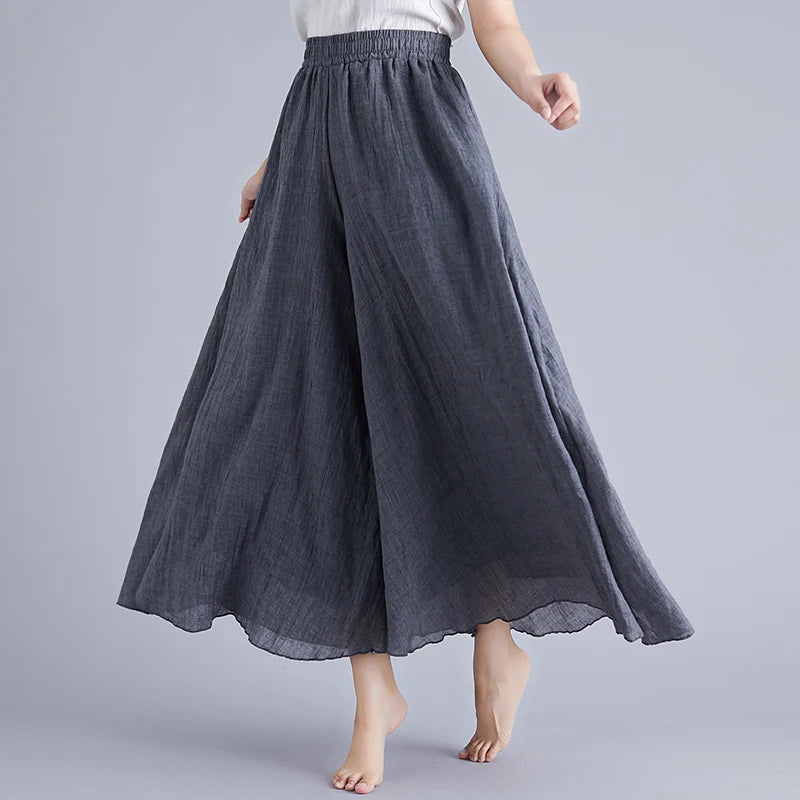 Cotton Linen Wide Leg Pants for Women Summer Casual Loose Pants High Waist Big Swing Skirt Capris Women Clothing PT-565
