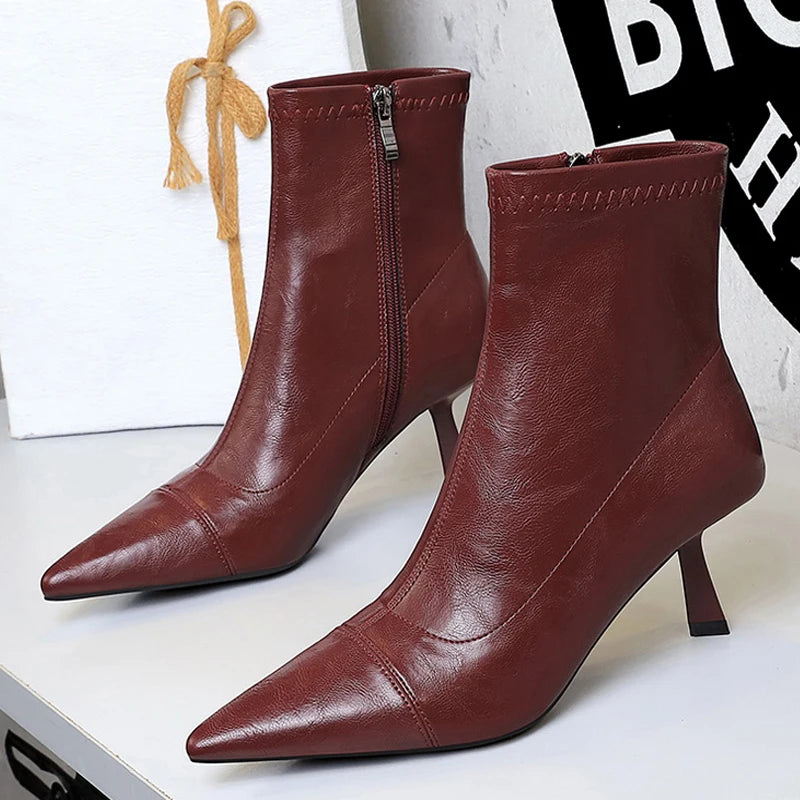 2026 Autumn Winter Shoes Leather Boots Women Shoes Side Zipper Ladies Ankle Boots Pointed High-Heeled Boots Stiletto Short Boots