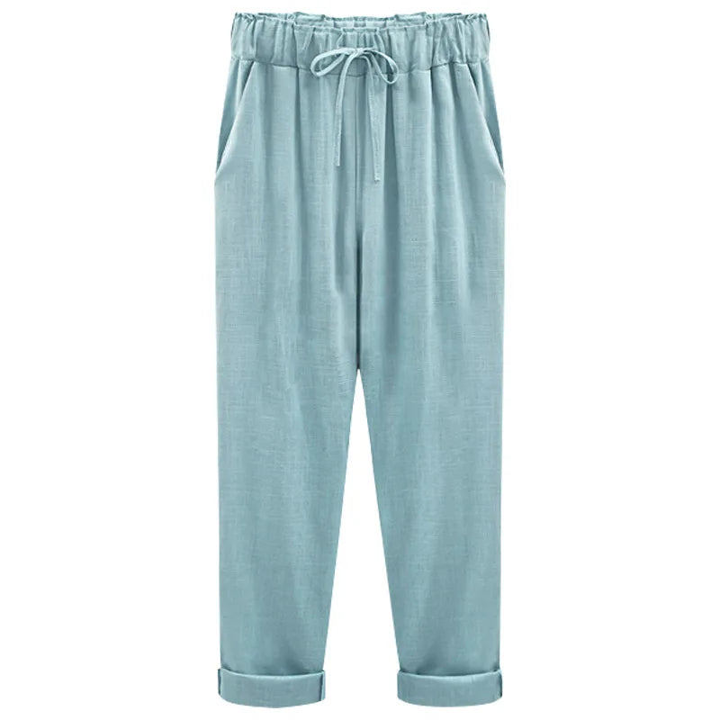 Cotton Linen Pants, Elastic Mid Waist Ankle Length Pant, Casual Women Loose Spring Pants, Female Slacks Size M-5XL 6XL 7XL 8XL