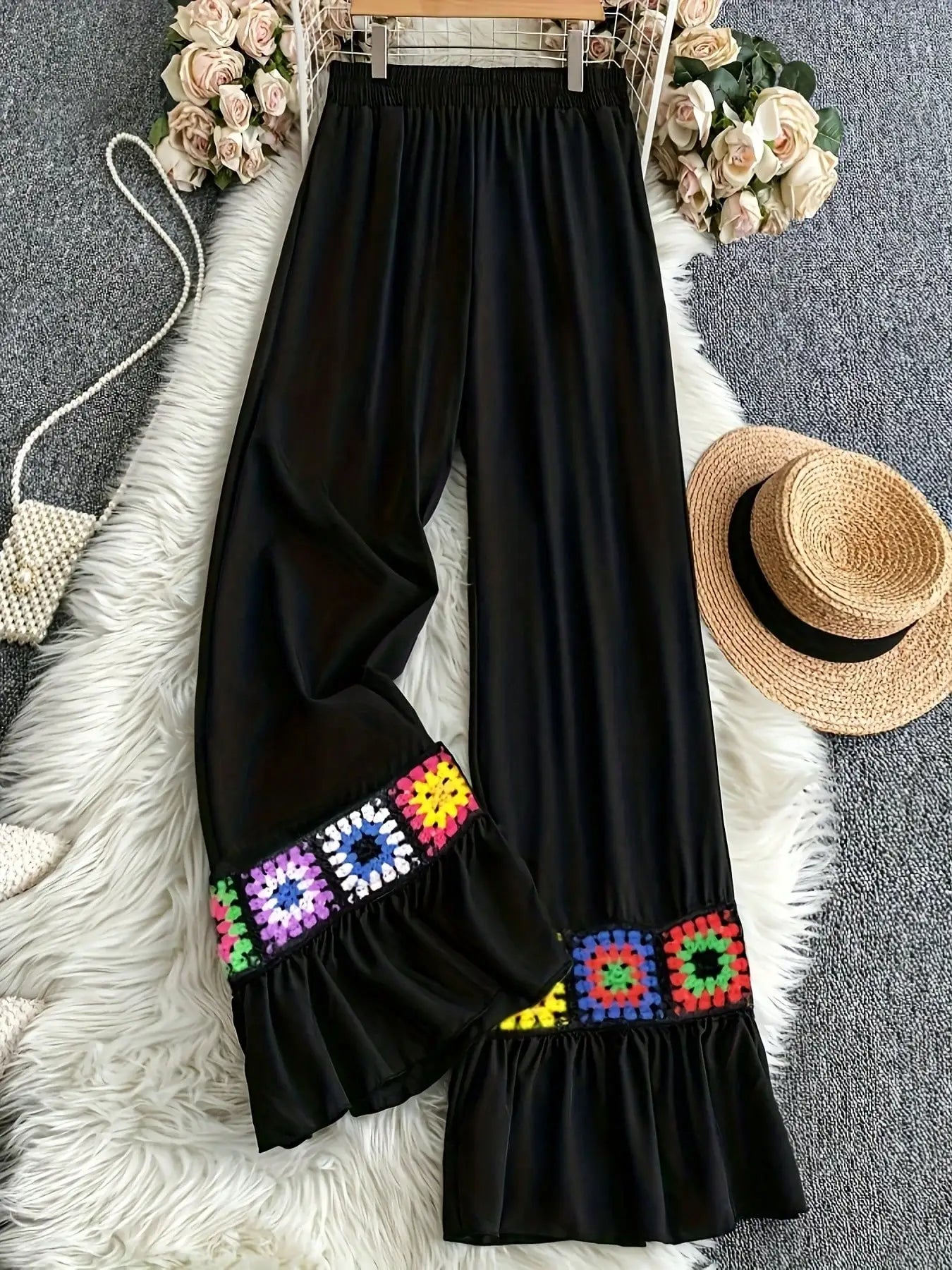 Forest style retro patchwork Bohemian style straight leg pants, summer new loose casual wide leg pants