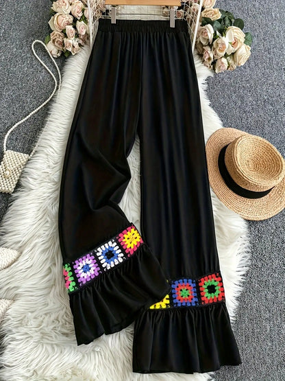 Forest style retro patchwork Bohemian style straight leg pants, summer new loose casual wide leg pants