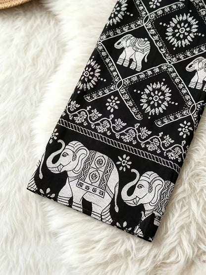 Black & White Elephant Print Tie-Waist Wide Leg Pants, Ethnic Style, Vacation Casual Trousers