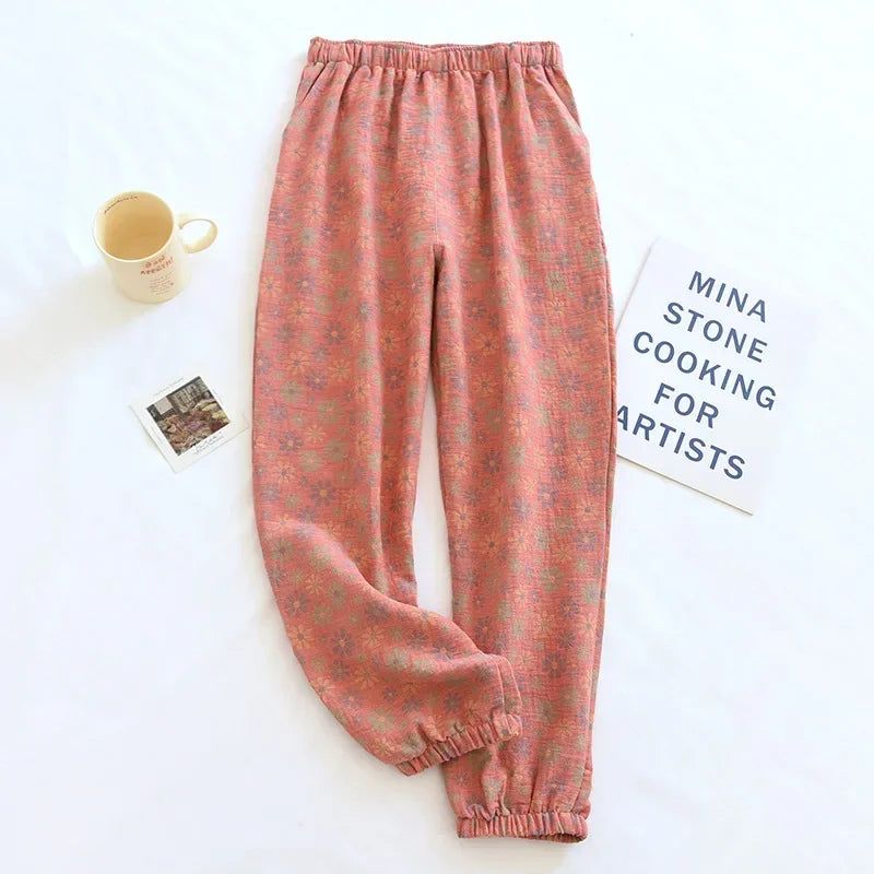 2026 New Spring Summer Women's Pajamas 100% Cotton Crepe Pants Women's Comfortable Loose Large Leaf Home Pants Thin Bottoms