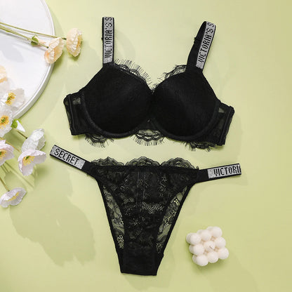 Victoria Secret Sexy Lingerie Set Very Sexy Eyelash Lace Fringe Trim Push Up Bra Shine Script Thong Panty Women