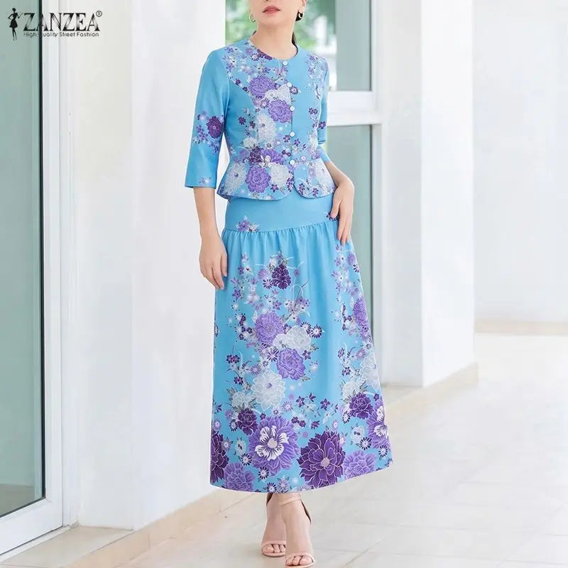 ZANZEA Women Elegant Floral Print 2 Piece Skirt Sets 3/4 Sleeve Short Top & A-Line Maxi Skirts Suits Autumn Matching Sets Outfit