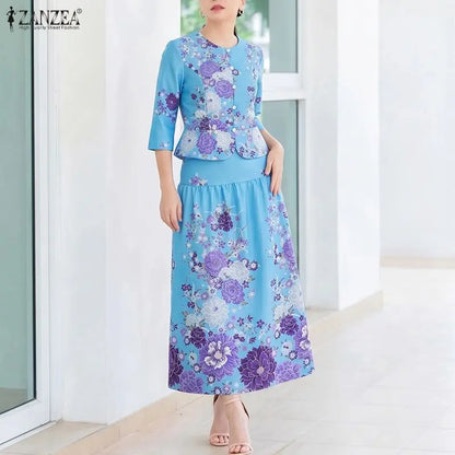 ZANZEA Women Elegant Floral Print 2 Piece Skirt Sets 3/4 Sleeve Short Top & A-Line Maxi Skirts Suits Autumn Matching Sets Outfit