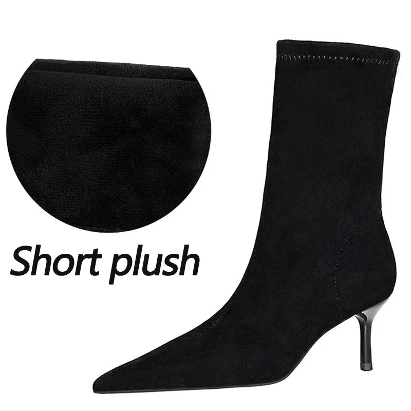 BIGTREE Shoes Suede Women's Ankle Boots Stiletto Heels Women 5.5 cm Sharp Pointed Women's Boots Fashion Short Boots Autumn Shoes