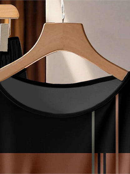 Summer casual women's plus size commuting color set, coffee striped twisted top+hanging black pants two-piece set