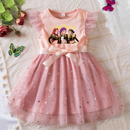 K-Pop Hunters Zoey Rumi Girls Sequin Tutu Dress with Bow Flutter Sleeves Summer Princess Party Outfit for Toddler Kids 2-6Y