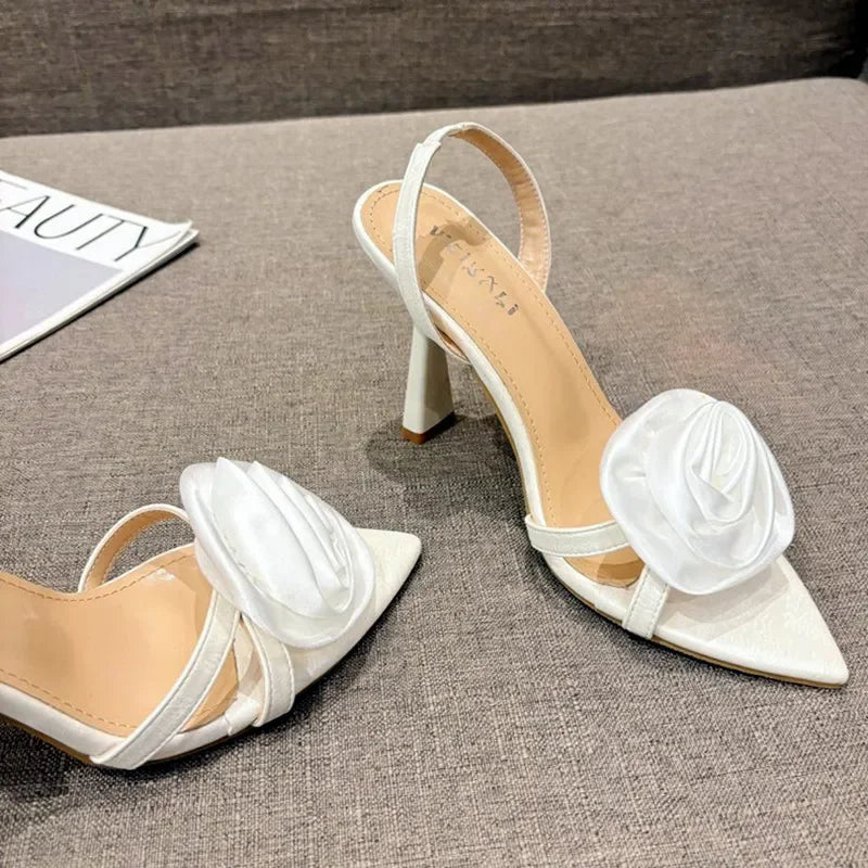 Summer Fashion Silk Rose Flowers Back Strap Heeled Sandals Women Pointed Open Toe Red High Heels Wedding Prom Shoe Zapatos Mujer