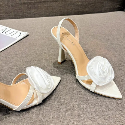 Summer Fashion Silk Rose Flowers Back Strap Heeled Sandals Women Pointed Open Toe Red High Heels Wedding Prom Shoe Zapatos Mujer