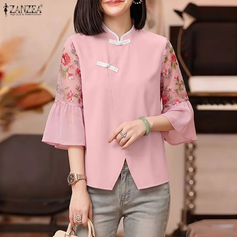 ZANZEA Chinese Style Woman Floral Chiffon Patchwork Sleeves Blouses Mandarin Collar Vintage Tops Summer Elegant Daily Wear Blusa