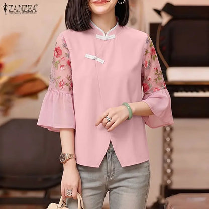 ZANZEA Chinese Style Woman Floral Chiffon Patchwork Sleeves Blouses Mandarin Collar Vintage Tops Summer Elegant Daily Wear Blusa