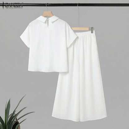 ZANZEA Women's Loose Pant Sets Collared Short Sleeve Tops & Wide Leg Pants 2 Pieces Suits Daily Casual Solid Color 2pcs Outfits