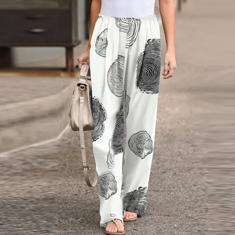 Casual Flower Print Cotton Linen Straight Leg Pants Women Fashion Lace Up Elastic Waist Home Trousers Female Plus Size Pants