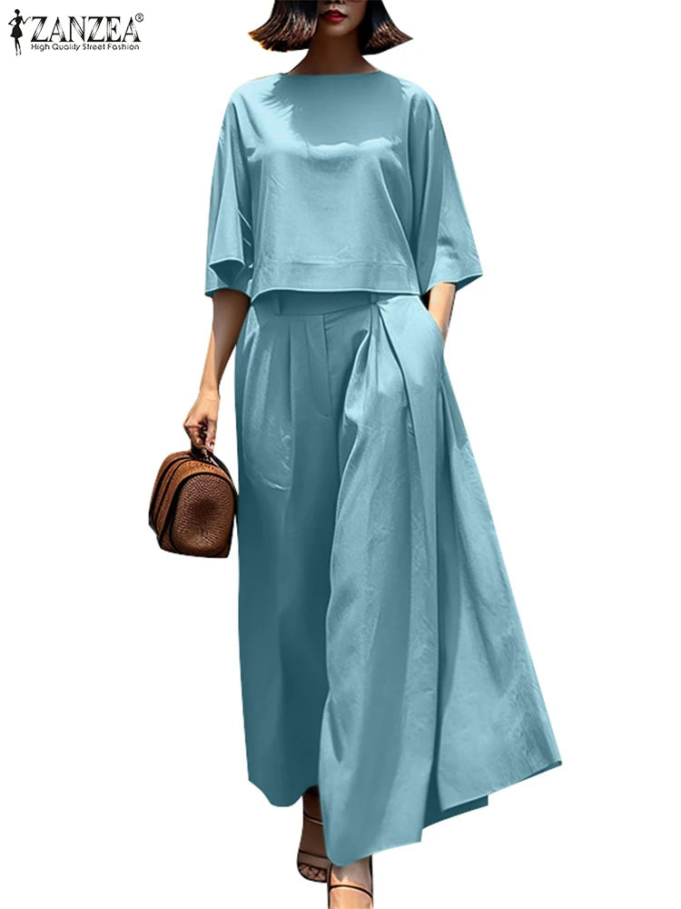 ZANZEA Summer Pant Sets 2025 Fashion Matching Sets Women Baggy Blouse Wide Leg Trousers Suit 2pcs Outfits Solid Work Tracksuits