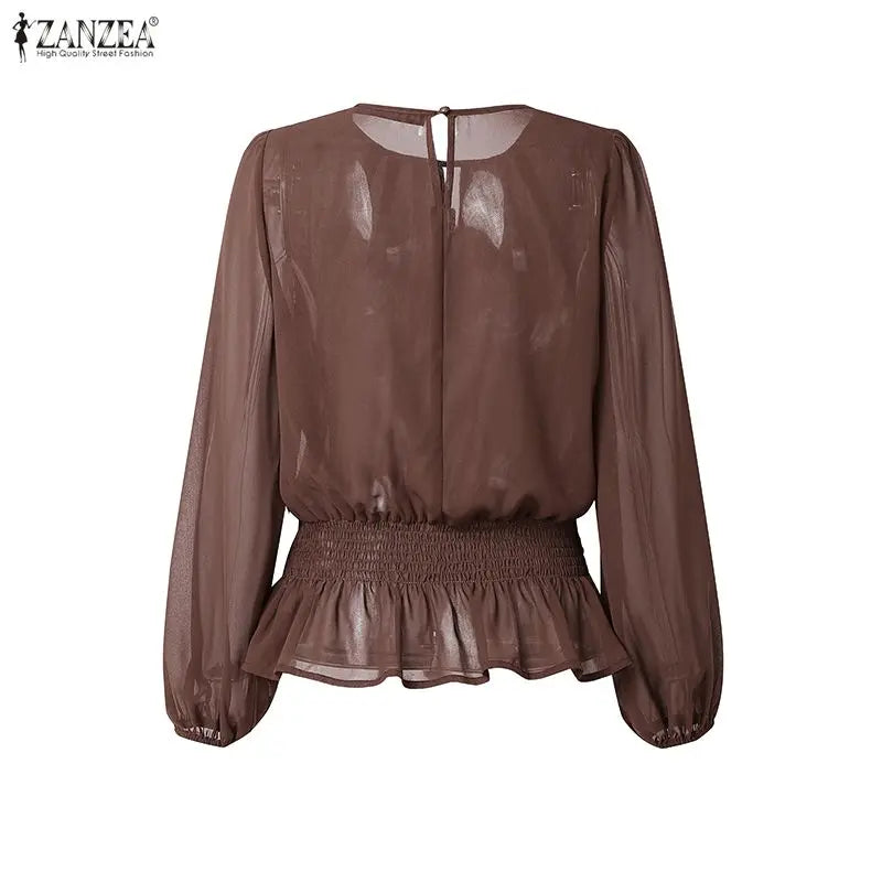ZANZEA Women Chiffon Sheer Blouses Elegant O-Neck Puff Sleeve Shirred Waist Ruffled Hem Tops Summer Commute Blusas de Mujer