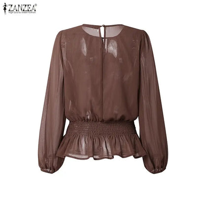 ZANZEA Women Chiffon Sheer Blouses Elegant O-Neck Puff Sleeve Shirred Waist Ruffled Hem Tops Summer Commute Blusas de Mujer