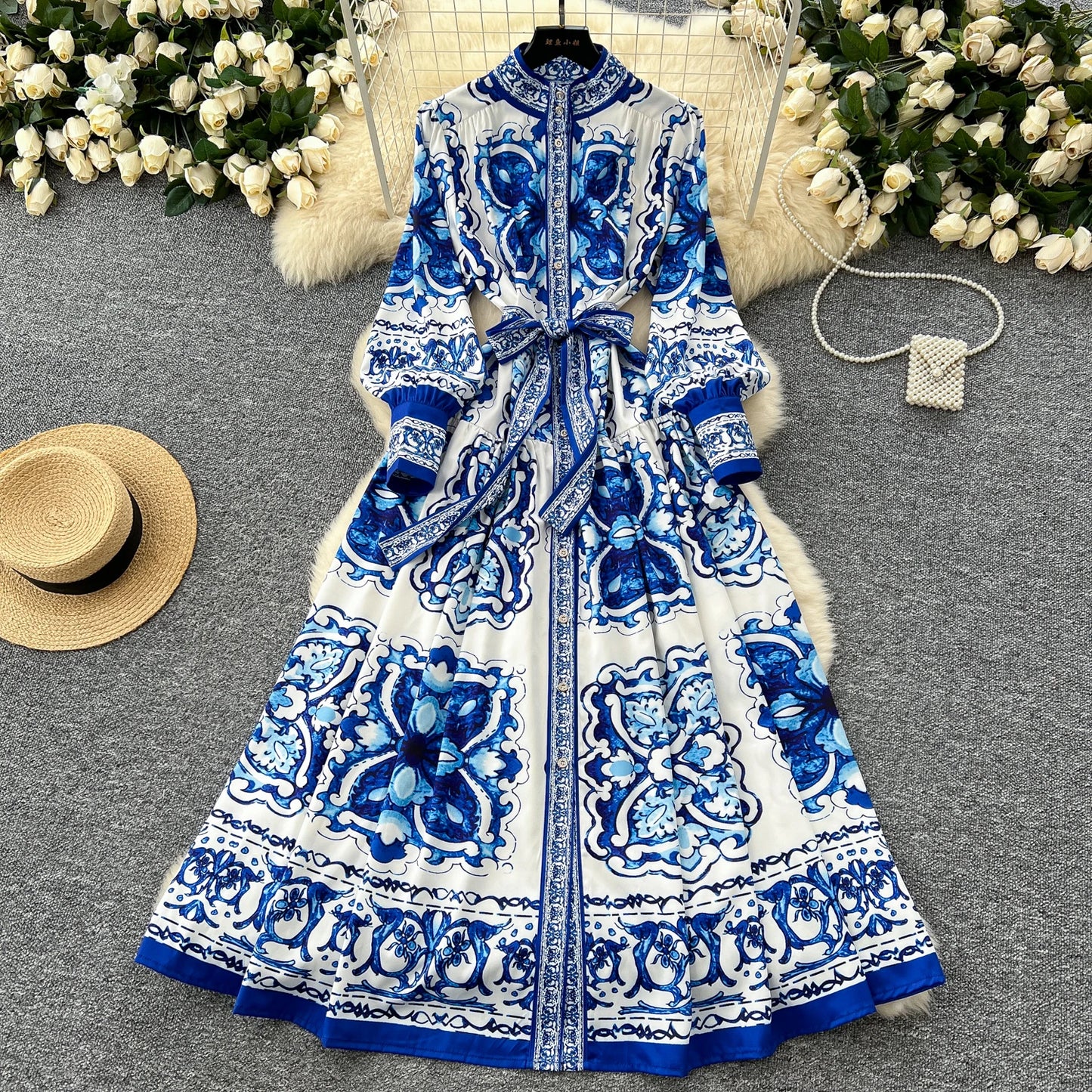 2026 Long-sleeve Printed Dress Women Summer Single-breasted Stand-collar Party Maxi Dresses Lace-up Slim Elegant A-line Dresses