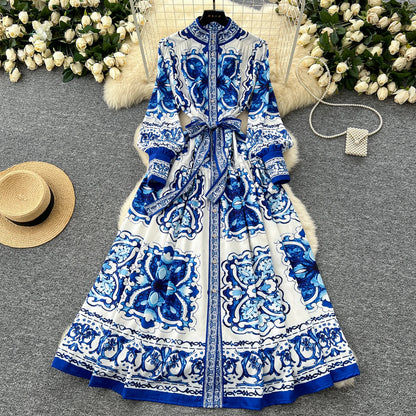 2026 Long-sleeve Printed Dress Women Summer Single-breasted Stand-collar Party Maxi Dresses Lace-up Slim Elegant A-line Dresses