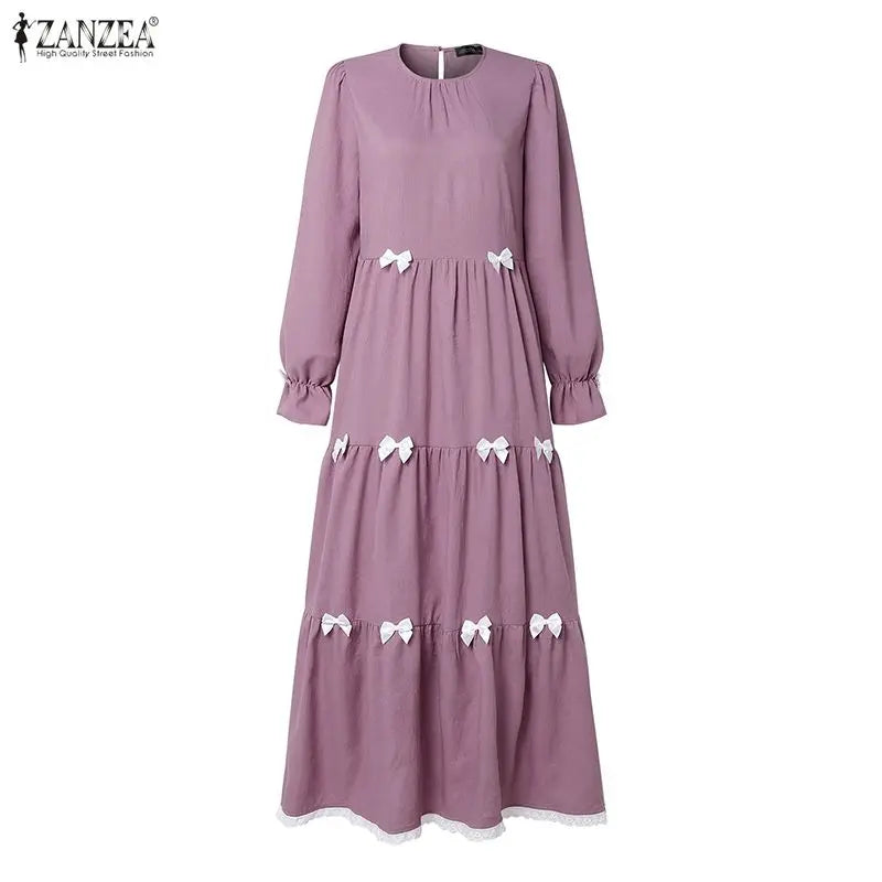 Elegant Muslim Dresses 2026 ZANZEA Ramadan Abaya Women Elegant O Neck Long Sleeve Bows Sundress Dubai Robe Femme Hijab Vestidos
