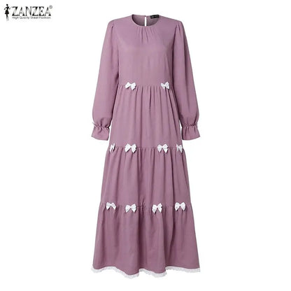 Elegant Muslim Dresses 2026 ZANZEA Ramadan Abaya Women Elegant O Neck Long Sleeve Bows Sundress Dubai Robe Femme Hijab Vestidos