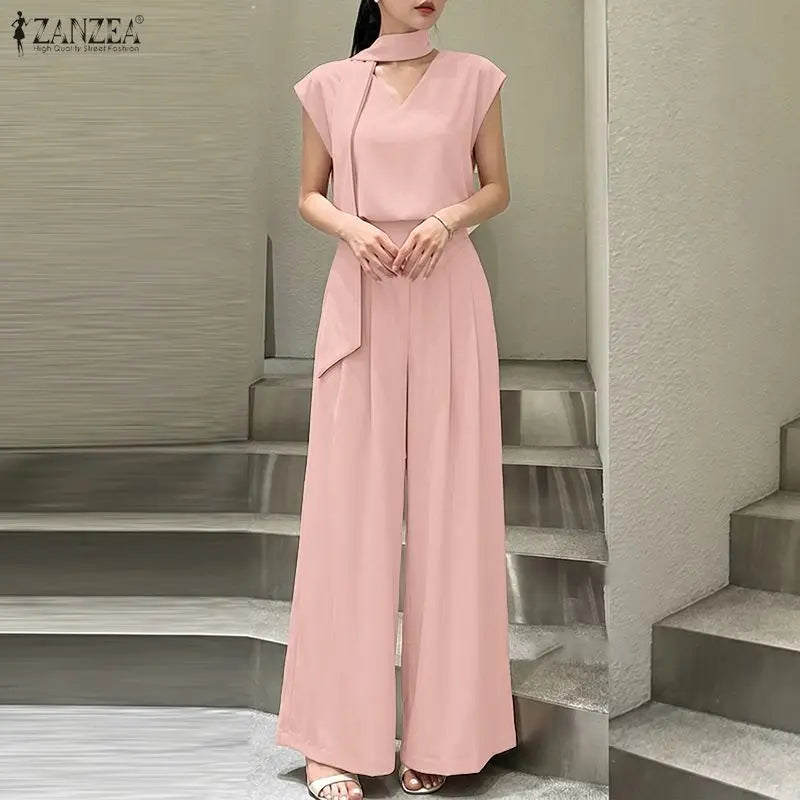 ZANZEA Women Minimalist 2pcs Matching Pant Sets Sashes V-Neck Blouses & Elastic Back Waist Wide Leg Pants Suits Outfits Commute