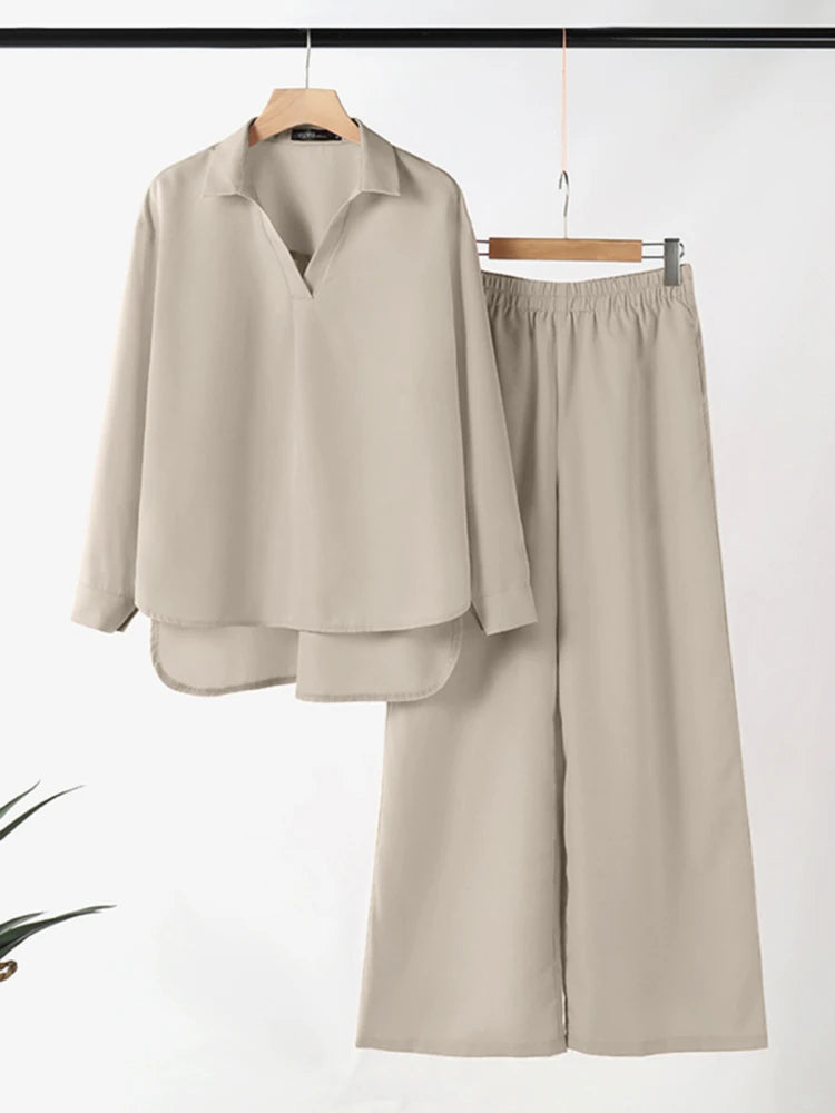2025 ZANZEA Fashion Casual Long Sleeve Blouse Pant Sets Autumn 2pcs Outfits Women Loose Matching Sets Solid OL Work Tracksuits