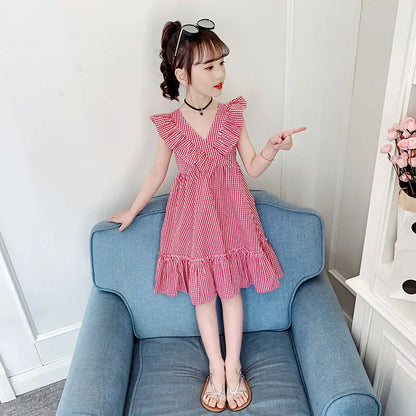 Preppy Cotton Dress 2025 Children's Clothing Elegant Dresses Girl Sets Birthday Summer Clothes Elementary Student Beach Girls