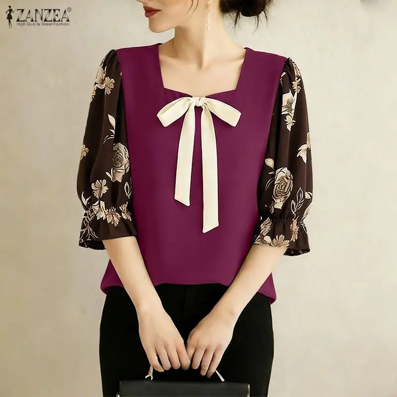 ZANZEA Woman Elegant Bow Detail Blouses Square Neck Floral Printed 3/4 Sleeves Contrast-Color Tops Spring Summer Blusas de Mujer