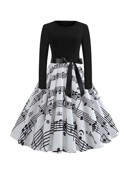 Music Note Print Elegant Party Dress Women Retro Vintage Casual Spring Autumn Midi Dresses