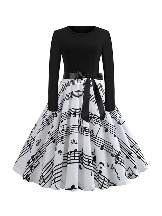 Music Note Print Elegant Party Dress Women Retro Vintage Casual Spring Autumn Midi Dresses
