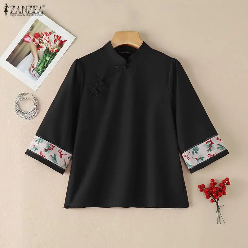 ZANZEA Vintage Blouses for Woman Frog Buttons Mandarin Collar Printing Patchwork 3/4 Sleeves Tops Elegant Retro Blusas de Mujer