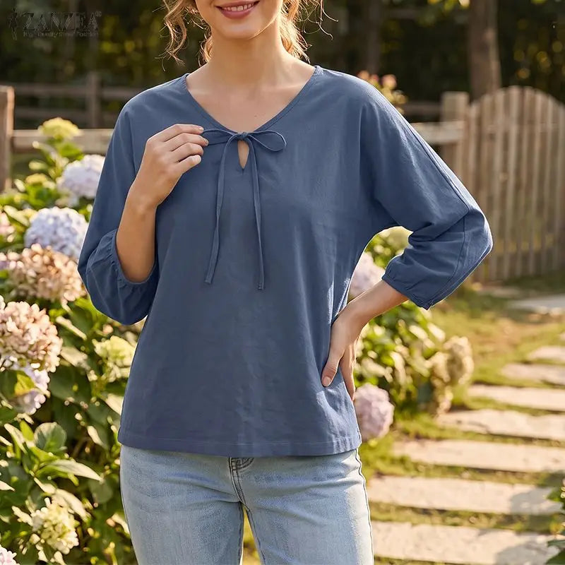 Summer Autumn Solid Color Tops ZANZEA Casual V Neck Blusas Women Blouse OL Work Tee 3/4 Sleeve Tunic Lace-up Streetwear Oversize